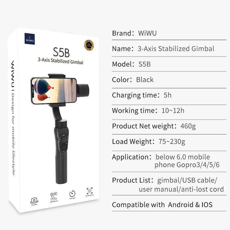 WIWU 3-AXIS HANDHELD SMARTPHONE GIMBAL STABILIZER PHONE HOLDER - BLACK