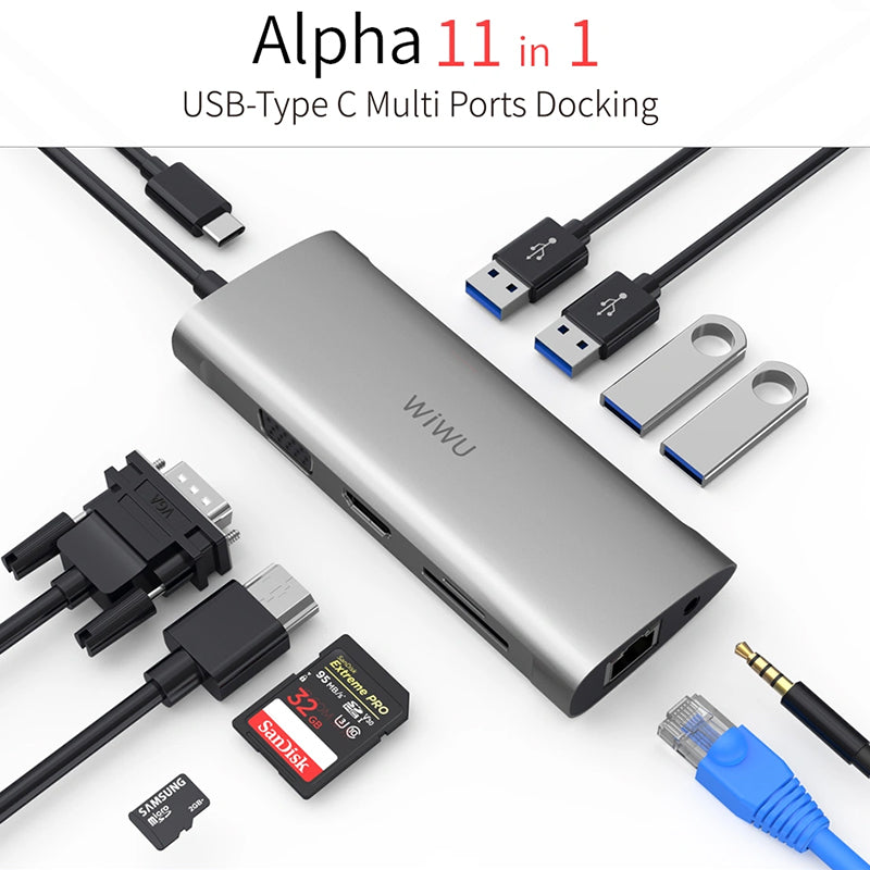 WiWU Alpha 11 in 1 USB C Hub All in One RJ45 Internet 4K for Macbook Laptop Type C Docking Station