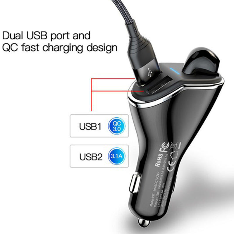 Yesido Y37 Car Charger with Earphone Car Charger Adapter and Bluetooth Earbud Dual Port Fast Charging