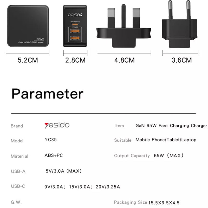 Yesido YC35 Gan 3 In 1 Combo 65W Mini Quick Charger