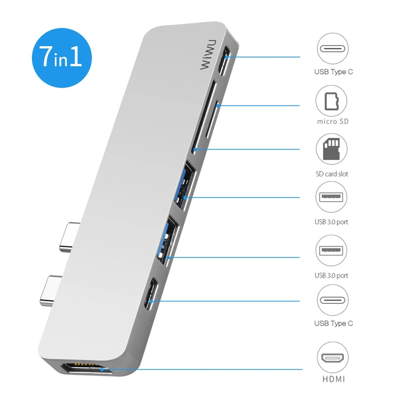 WIWU T08 USB TYPE-C 7 IN 1 HUB ALUMINUM CASE - GRAY
