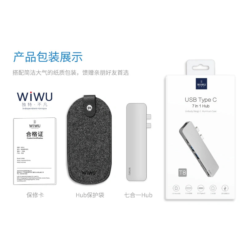 WIWU T08 USB TYPE-C 7 IN 1 HUB ALUMINUM CASE - GRAY